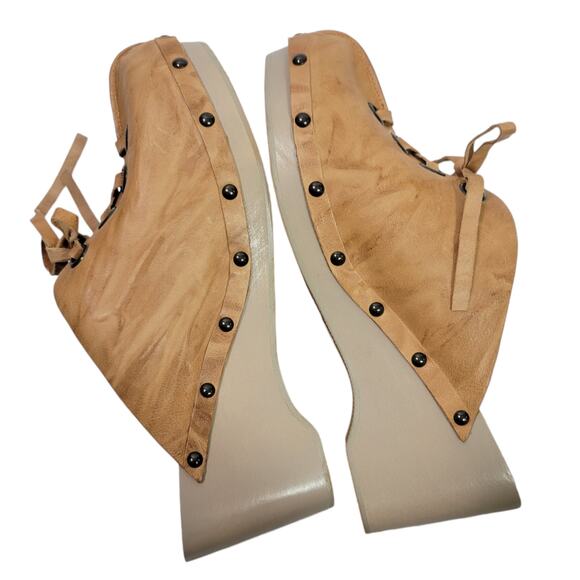 Kelsi Dagger Clogs Tan Leather Lace Up Wedge Wood Heel Mule Slip On Retro Size 9 - Picture 4 of 15